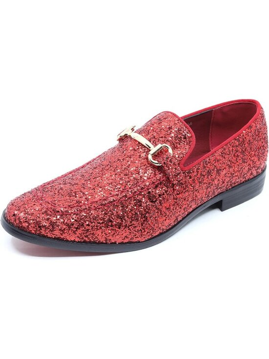 Metrocharm Men\'s Red Glitter Rubber Velvet Loafers Gold Buckle Slip On Shoes main image 4
